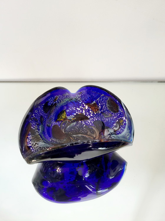 Image 1 of Murano Bowl, Tutti Frutti, Organic Design With Silver Leaves, Italy (Blue)