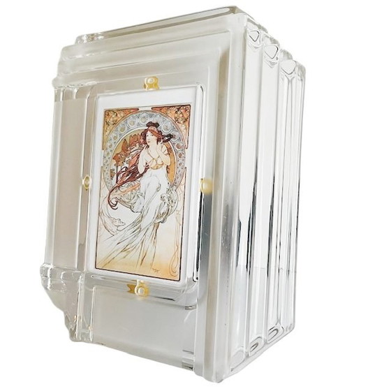 Image 1 of Vintage art nouveau Mucha schilderij The Arts: Music print in Waterford Crystal kristallen fotolijst 1980's