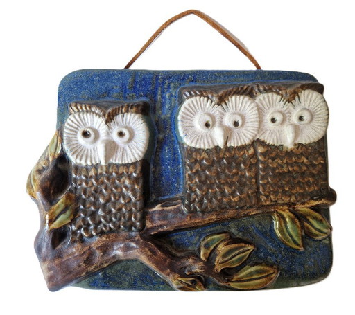 EGO Stone Gods - Piatto da parete con gufi di Willy Fischer – wanddecoratie, Ceramic