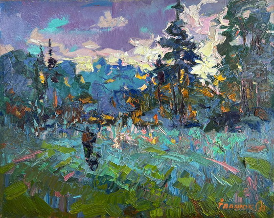 Image 1 of Peinture à l'huile originale, paysage d'été, rosée du matin argentée