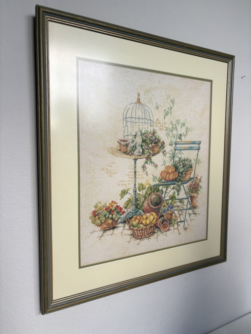 Charming Vintage-Style Garden Scene Cross-Stitch Framed Wall Art (51x57 cm)
