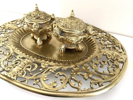 Image 1 of Double Encriers sur Plateau Bronze Doré Ciselé Style Louis XV Epoque Napoléon III