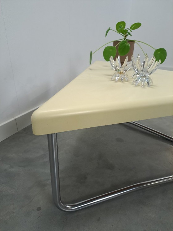 Image 1 of Space age triangular plastic table with chrome tubular frame legs