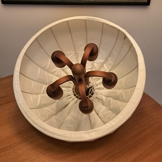 DOMUS 1970s Teak 5-Arm Pendant Lamp – Original Fabric Shade – Mid Century, Very Good Condition (photo 12 of 12)
