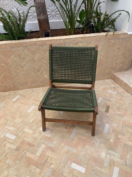 Image 1 of Marokkanischer Sessel aus Walnussholz mit grüner Kordel, handgefertigter Boho-Akzentstuhl