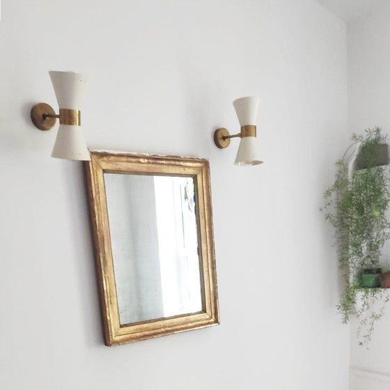 Pair of Italian diabolo design 1950 Wall lights, Metal, Brass, Red, Mid Century Modern (photo 14 of 14)