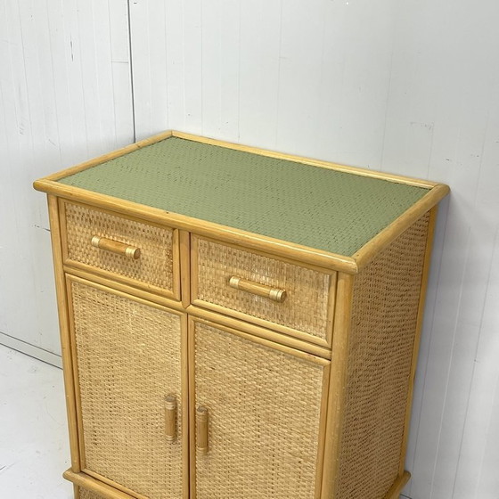 Image 1 of Vintage Rattan Bamboo Sideboard Green Leaf Drawer Cabinet