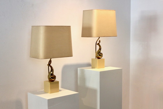 Pair of Exclusive Philippe-Jean Brass Art Sculpture Table Lamps, signed, Marble, Mid Century Modern (photo 5 of 14)