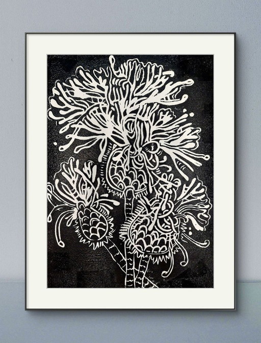 Prunellier, Linogravure - A3, Encre noire sur papier blanc - Art botanique imprimé à la main
