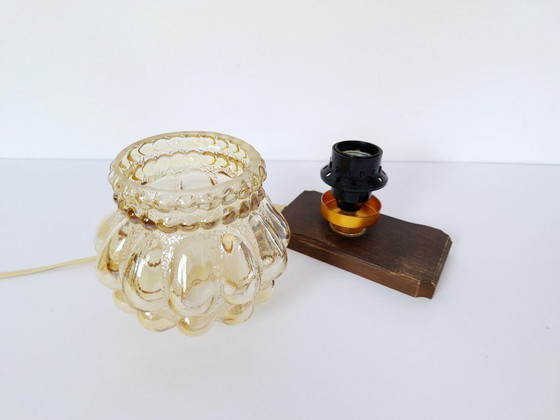 Image 1 of Mid Century Amber Glass Table Lamp / Retro Wood Brass Nightstand Light / 1970s Bubble Glass Desk Fixture / Vintage Small Lantern