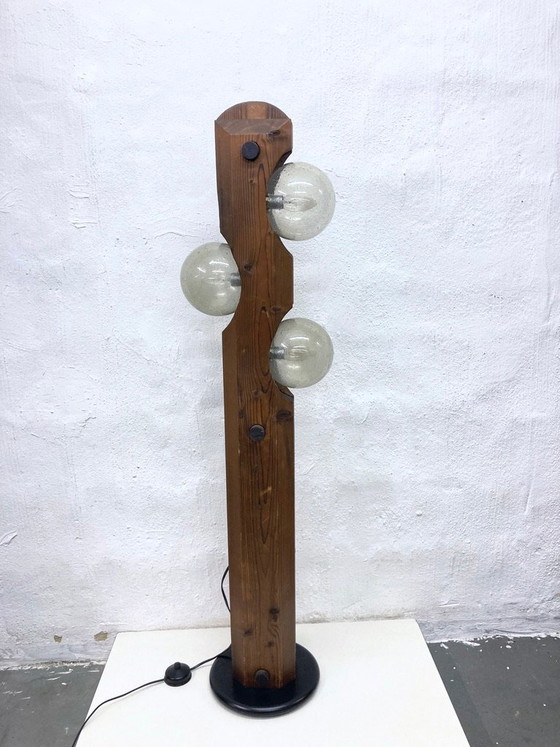 Image 1 of Stehleuchte von Temde aus Holz und Glas dreiflammig 70er brutalistischer Stil