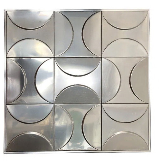Grande decorazione da parete in acciaio inox – Arte cinetica – Design Space Age – Anni '70 – 92 × 92 cm