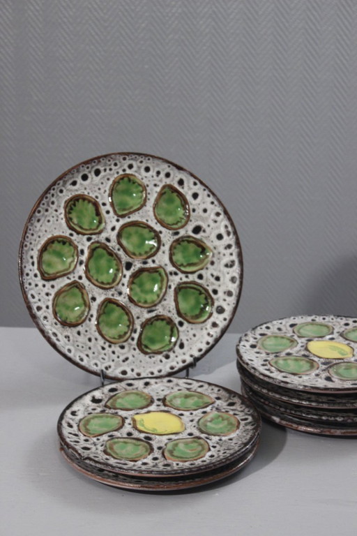6 Person Oyster Service Vallauris ceramics lava enamel circa 1950