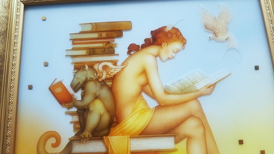 Image 1 of Zeefdrukreproductie op glas van het schilderij getiteld Ex Libris van de Amerikaanse schilder Michael Parkes.