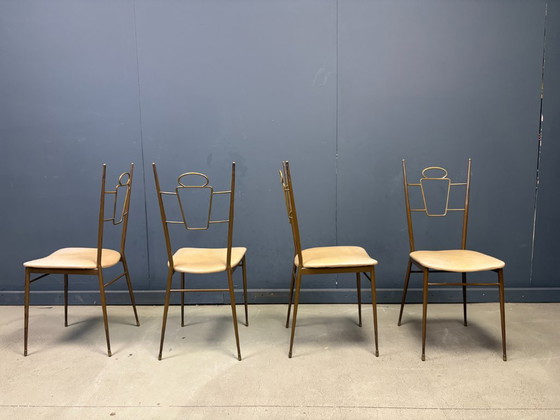 Mid Century Italian Brass Dining Chairs, 1950s – Metal, Skai (photo 2 of 12)