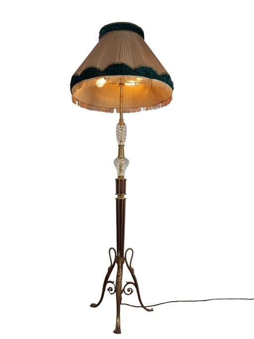 Lampadaire en laiton, verre et tissu, années 1940