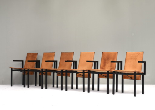 Ensemble unique de six chaises de salle à manger en cuir cognac, vers 1970-80