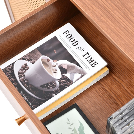 Image 1 of Urban Meuble ladekast in walnoot houtlook met 2 deuren en 3 rotan lades, gouden pootjes en handgrepen 150*90*40cm URNO