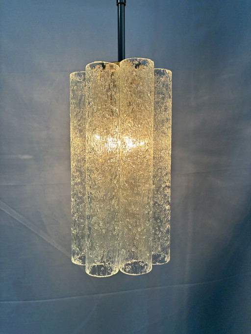 Suspension vintage Doria Leuchten tubes en verre glacé 1960/70