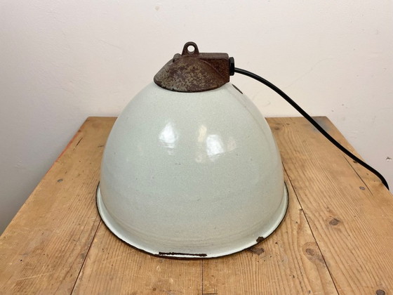 Image 1 of Industrial White Enamel Factory Lamp with Cast Iron Top, 1960s