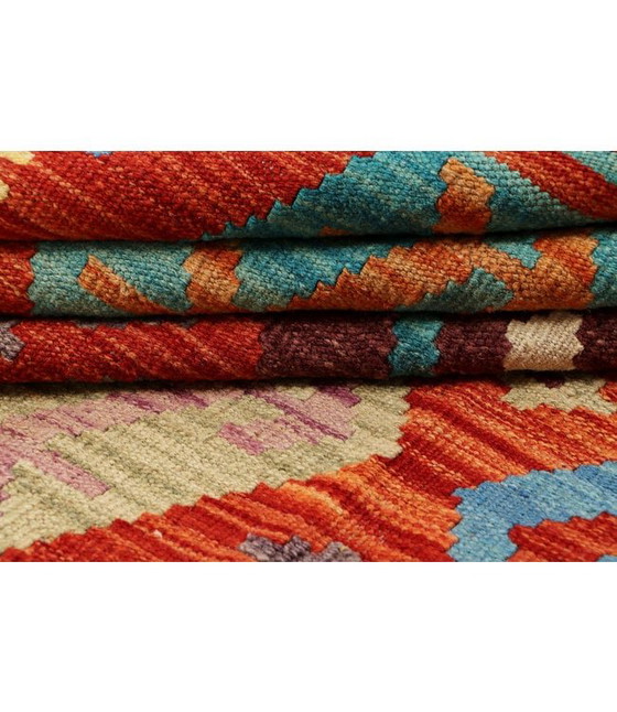 Image 1 of Handwoven Afghan Kilim Rug – 300x204 cm – Red Base with Hexagonal Tribal Patterns