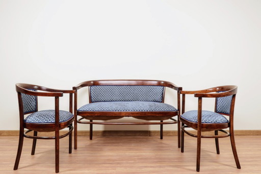 Art deco Thonet sofa and armchairs set blue geometric Jacquard