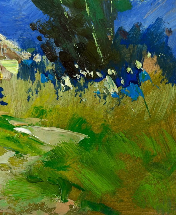 Image 1 of Original Oil Painting Summer Nature Landscape The village beyond the forest