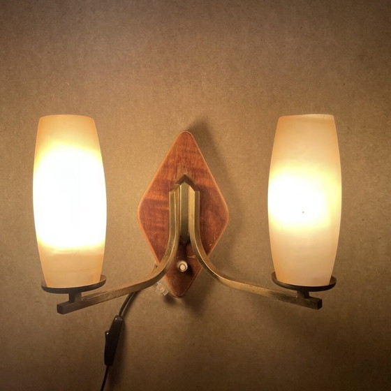 Image 1 of Vintage Mid Century Modern double opaline glass and wood wall sconce
