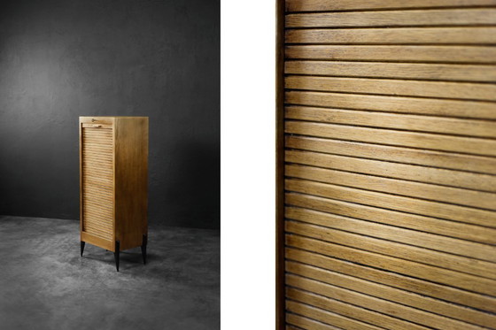 Image 1 of Vintage industriële Deense rolluikkast van bruin eikenhout met meerdere lades, jaren 50