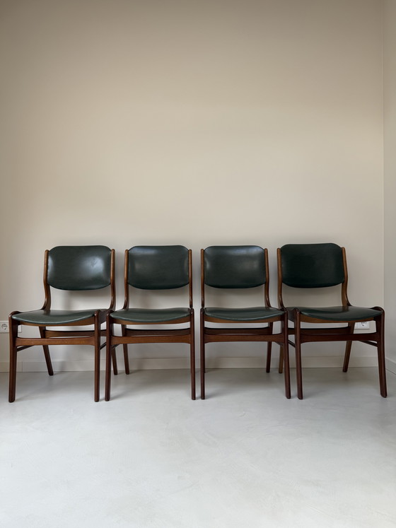 Image 1 of Four vintage wooden chairs with green faux leather