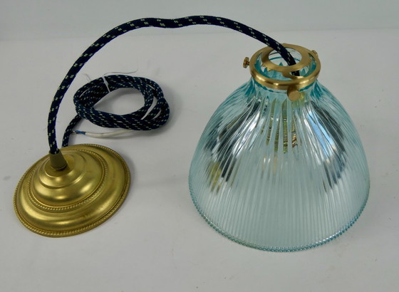 Image 1 of Ribbed ceiling lamp in light blue Holophane glass with brass shade support