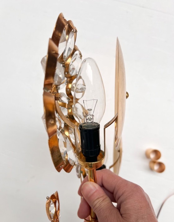 Image 1 of Brass and crystal Art Deco wall lamp attributed to PALWA, 1960s