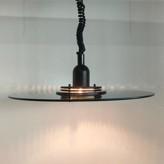Image 1 of Vintage Verstelbare Ronde "Ufo" Glazen Plafondlamp (smokeglass)