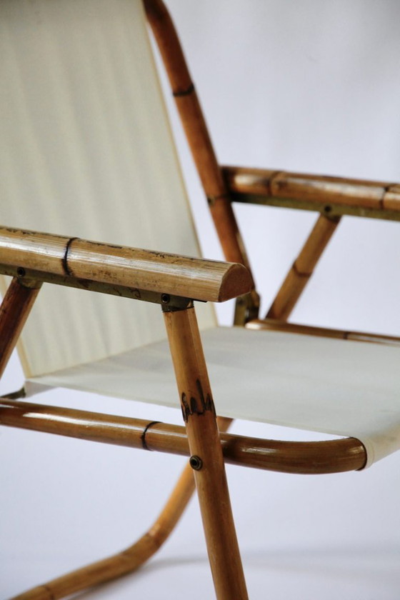 1960s Italian Bamboo Folding Chair, Textile, Brown, Vintage (photo 2 of 10)