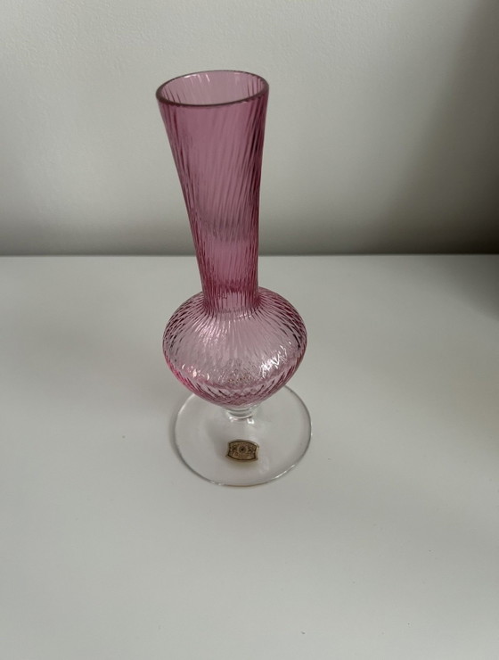 Vase Soliflore Cristal Val Saint Lambert Rose Côtes Optiques Pied Douche Art Déco Mid-Century Vintage – Glass (photo 5 of 5)