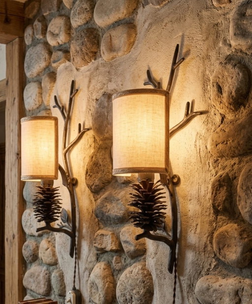 2 Applique lampade ramo pigna – wandlampen, Metal, Textile
