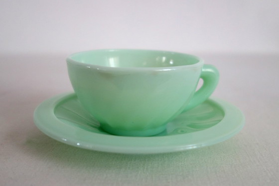 Image 1 of 10 almond green opaline cups and saucers from the 50s