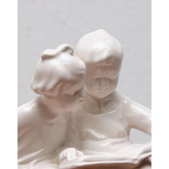 Image 1 of Vintage ceramic sculpture children with a book by Keramia Znojmo, Czechoslovakia 1950