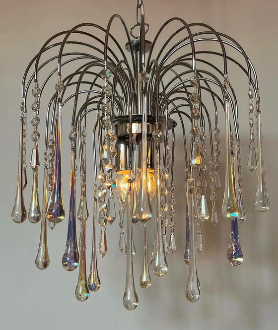 Image 1 of Opaline Chrome Teardrop Chandelier Suspension Lampes