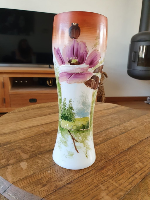 Antieke Bristol Opaline Vaas – Handbeschilderd – Ca. 1900 (23 cm) – vazen, Glass