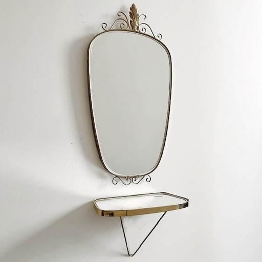 Vintage mid-century DeKnudt wandspiegel en wandconsole messing asymmetrisch acanthus 1960's