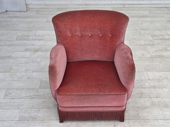 Image 1 of 1970s, Danish armchair, salmon pink furniture velour, oak wood.