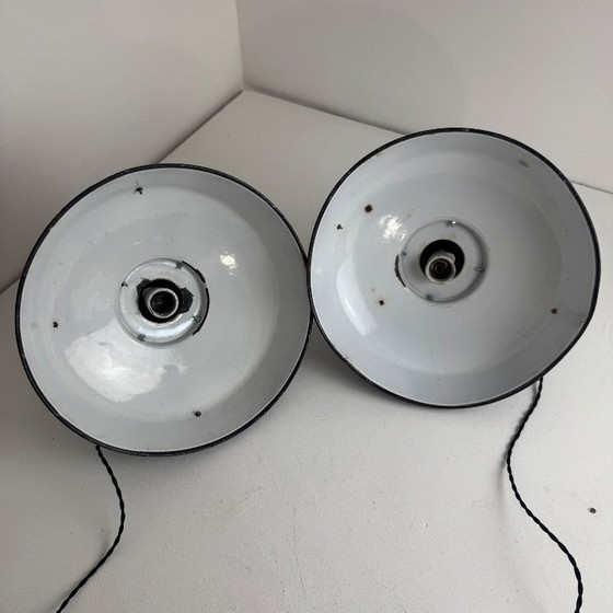 Image 1 of PAIRE D’ANCIENNES SUSPENSIONS EMAILLÉES « MAZDA » 35 CM INDUSTRIEL