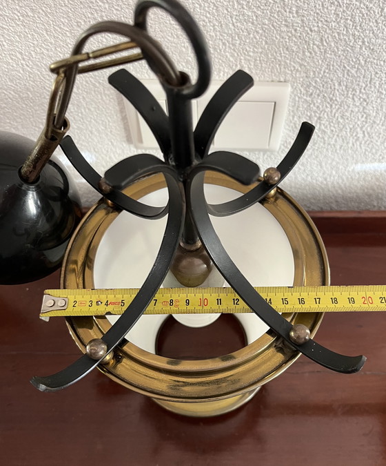 Image 1 of Unique Italian vintage pendant lamp | 1950s | Wrought iron, brass & opaline glass