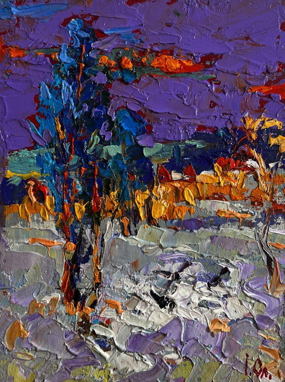 Image 1 of Original-Ölgemälde: Nachtlandschaft mit Schnee, ruhiger Winterabend