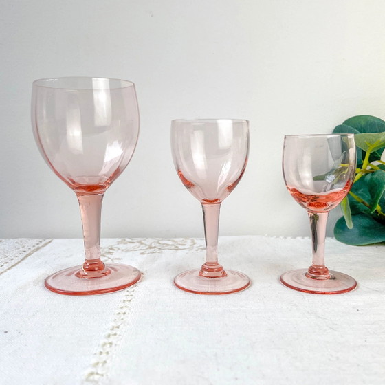 7 Vintage Facet Roze Glazen Waterglazen - Jaren 50 - Franse Elegantie – Glazen & Karaffen, Glass (photo 10 of 10)