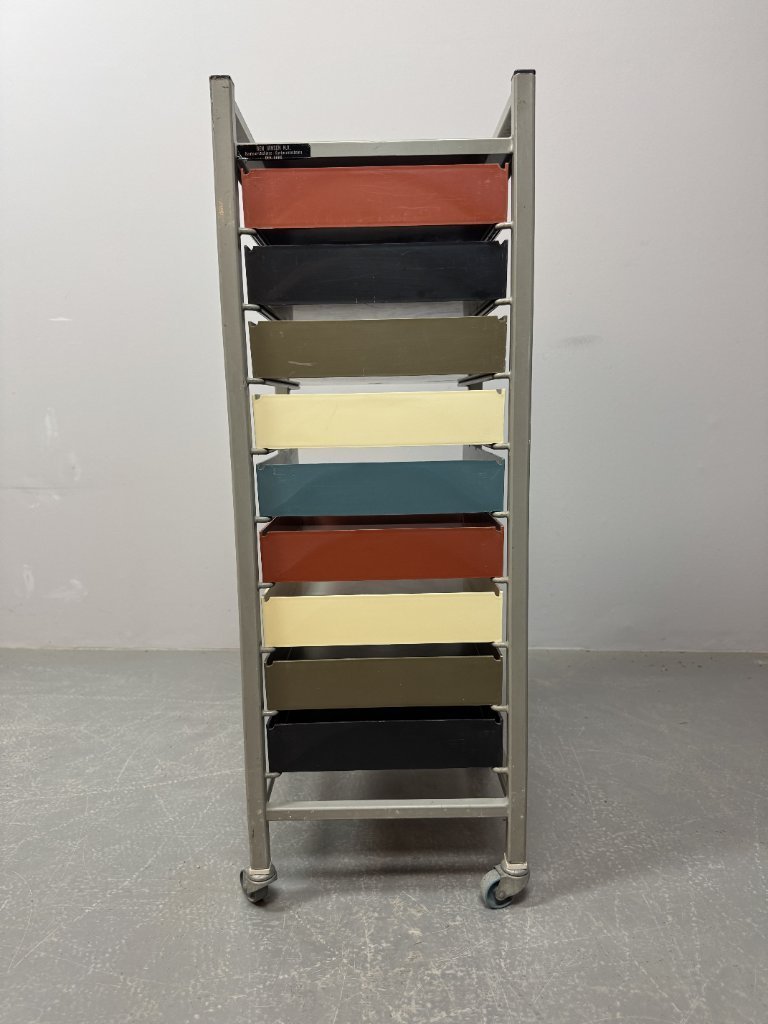 Mid-Century Industrial Gispen Modular Office Trolly with 9 Colorful Pull-Out Bins, The Netherlands 1960s-1970s.