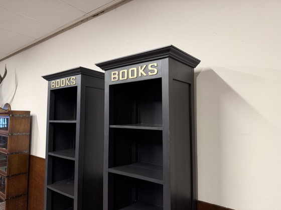 Classic English Teak Books Bookcase Black, Wood, Brass (photo 9 of 15)