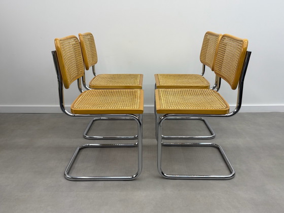 Lot de 4 chaises tubulaires Cesca en cannage, Chaises de salle à manger, Chrome, Rotin, Marron (photo 13 sur 15)