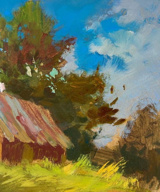 Image 1 of Original Oil Painting Summer Nature Landscape House on the hill
